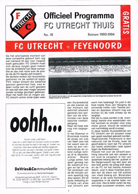 Programmaboekje FC Utrecht – Feyenoord